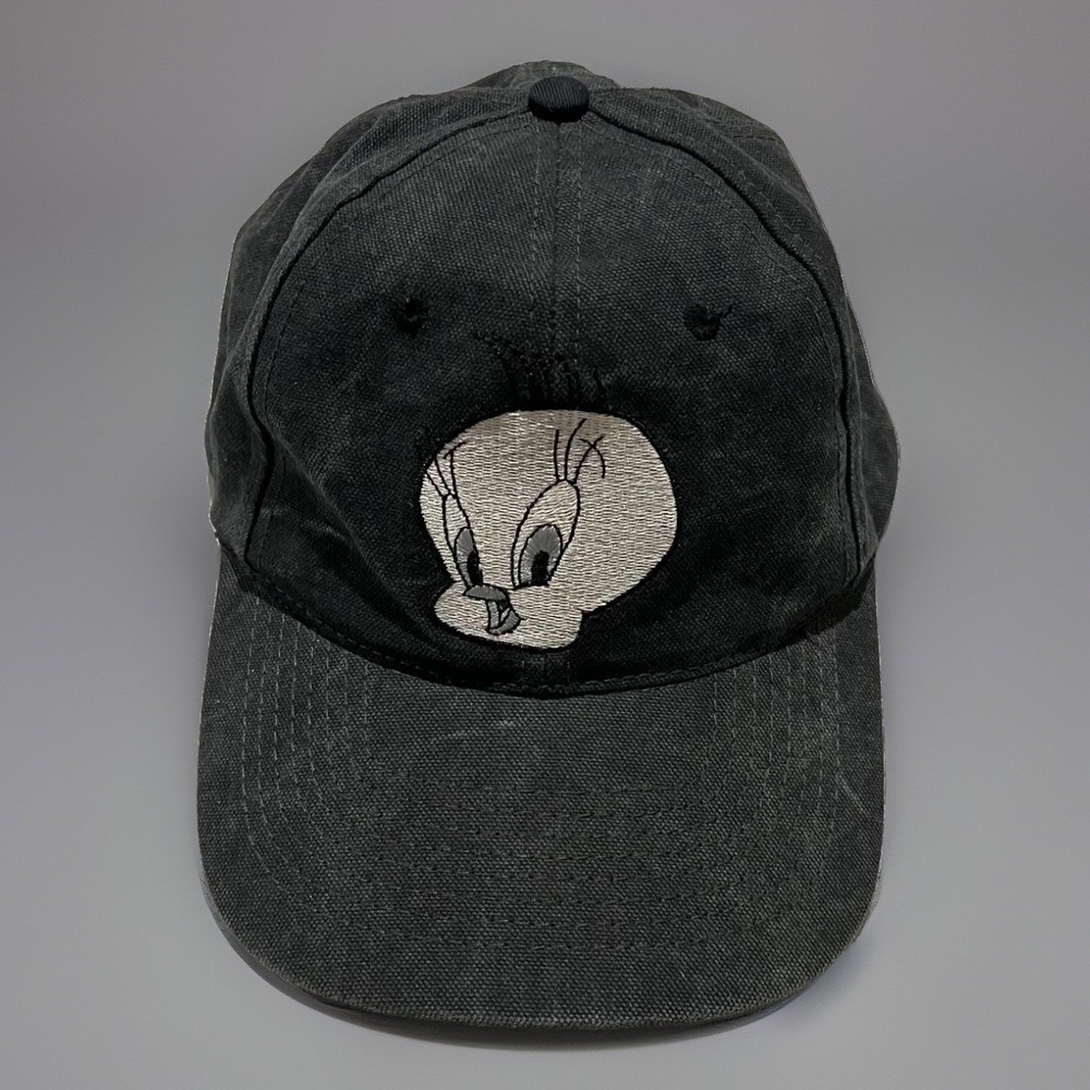 VTG 90s Washed Black Canvas Looney Tunes Tweety Bird Snapback Hat Cap OS Faded